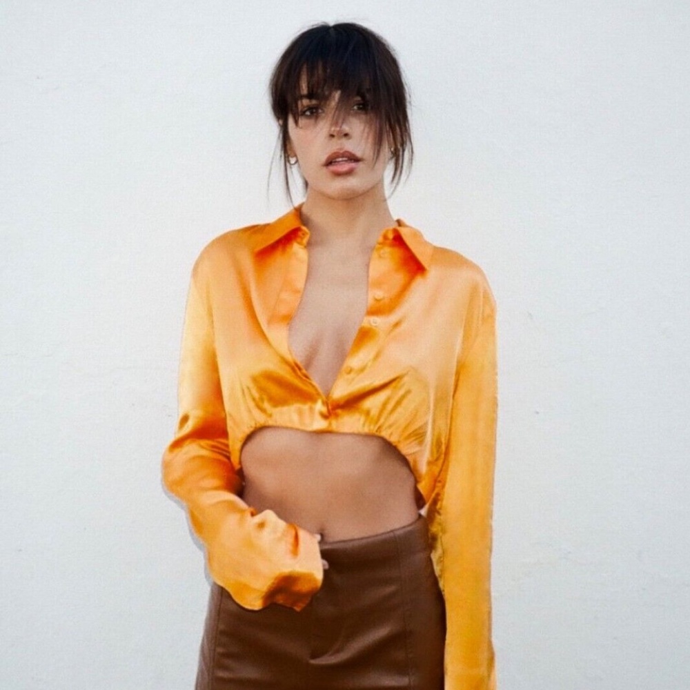 ZARA Satin Effect Crop Shirt XS NWT buttons long Sleeve Orange